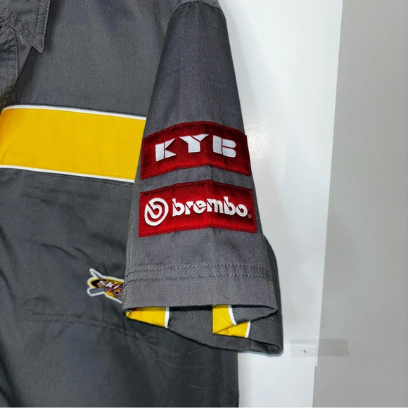 BRP Ski-doo Shirt Men’s Medium Grey Yellow Short Sleeve Button Up Logo Pockets - Picture 5 of 11